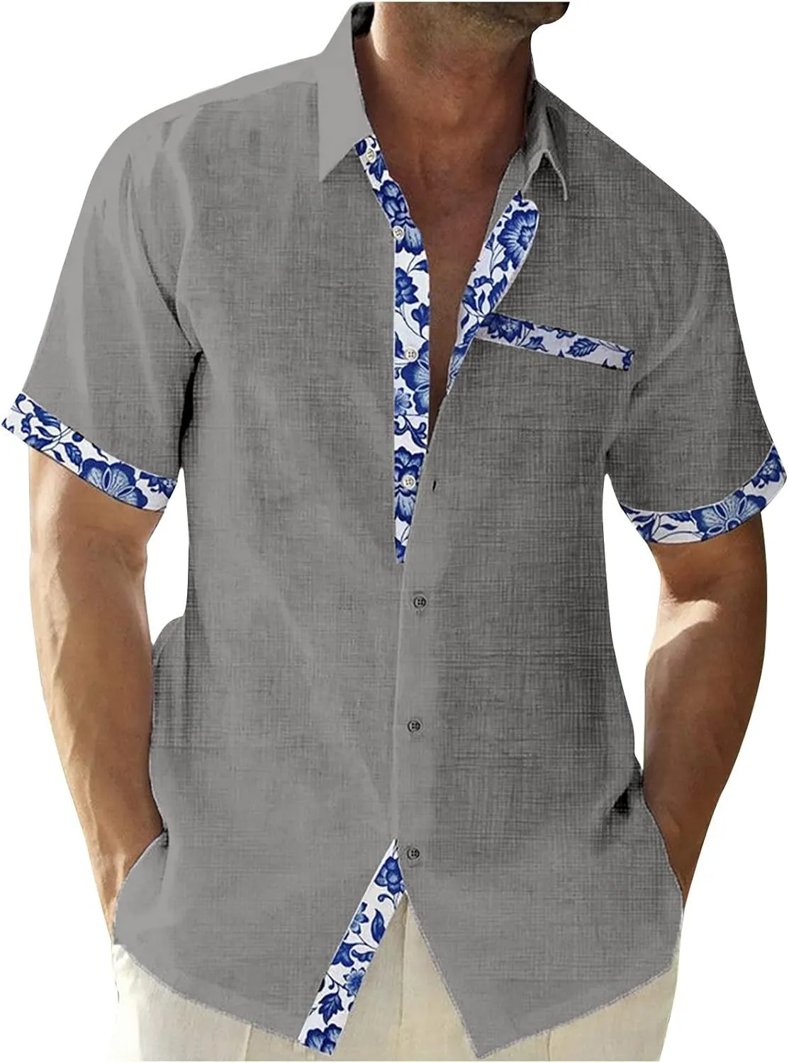 Mens Hawaiian Shirts Short Sleeve Cotton Linen Button Down Shirt Summer Causal Loose Floral Patchwork Shirt 2023