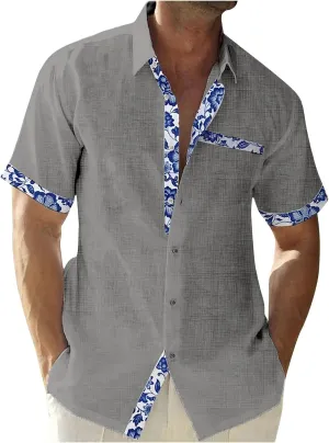 Mens Hawaiian Shirts Short Sleeve Cotton Linen Button Down Shirt Summer Causal Loose Floral Patchwork Shirt 2023