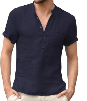 Mens Henley Shirts Short Sleeve V Neck Button Basic Tee Tops Lightweight Quick Dry Loose Boho Beach Hippie Shirt