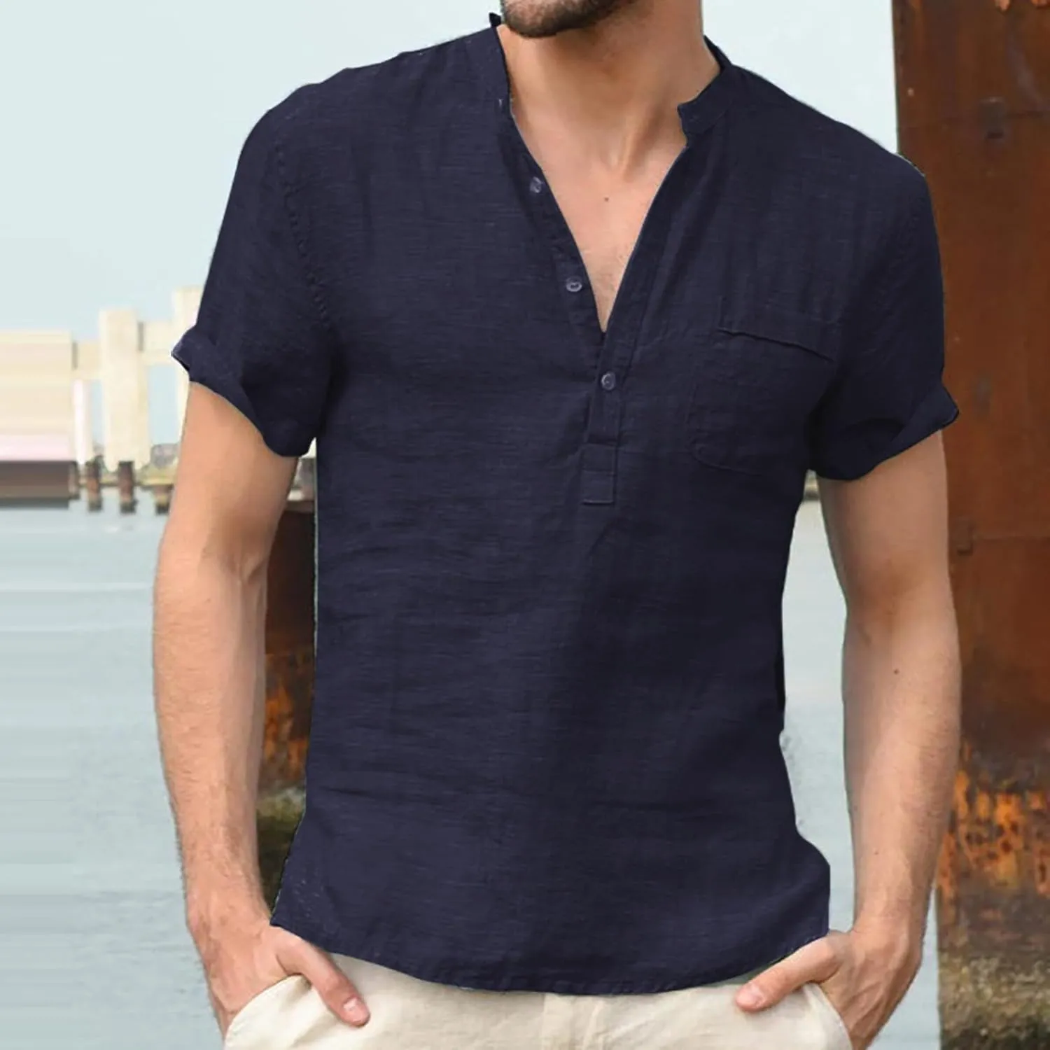 Mens Henley Shirts Short Sleeve V Neck Button Basic Tee Tops Lightweight Quick Dry Loose Boho Beach Hippie Shirt