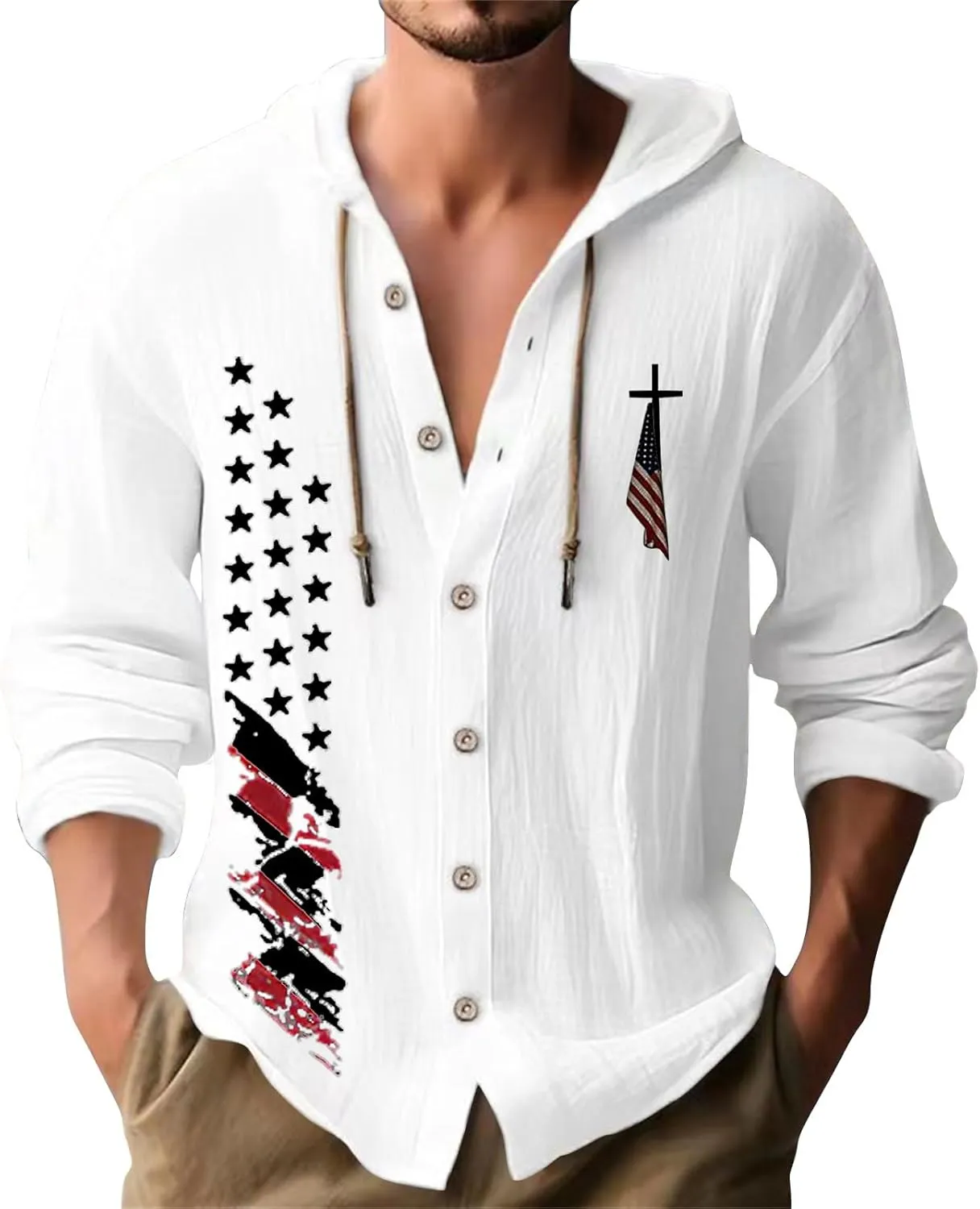 Mens Lightweight Button-Up Hoodie Casual Cotton Long Sleeve Sweatshirts American Independence Day Beach Tops with Hood