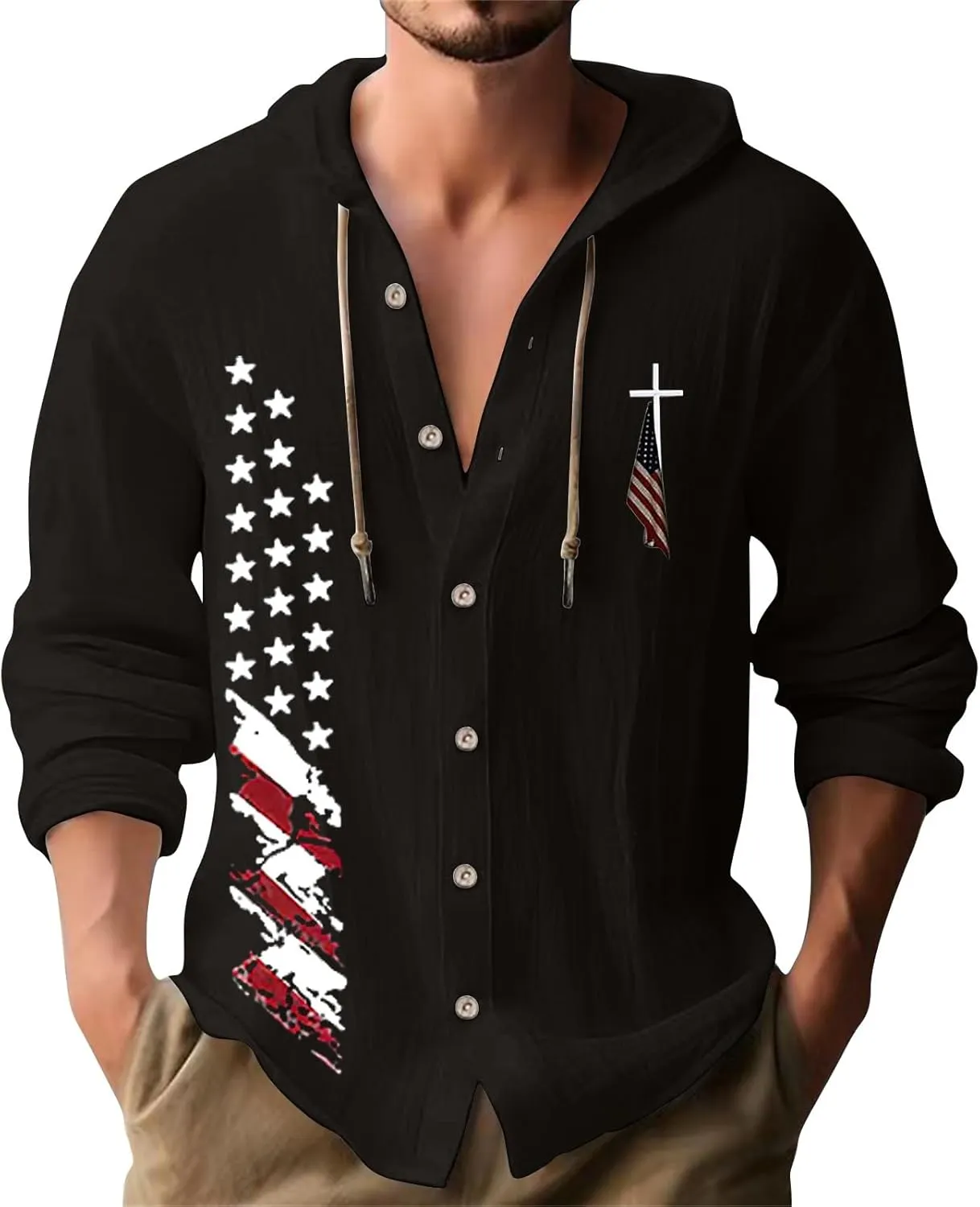 Mens Lightweight Button-Up Hoodie Casual Cotton Long Sleeve Sweatshirts American Independence Day Beach Tops with Hood