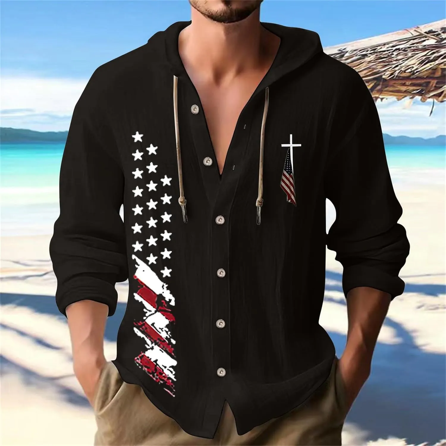 Mens Lightweight Button-Up Hoodie Casual Cotton Long Sleeve Sweatshirts American Independence Day Beach Tops with Hood