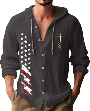 Mens Lightweight Button-Up Hoodie Casual Cotton Long Sleeve Sweatshirts American Independence Day Beach Tops with Hood