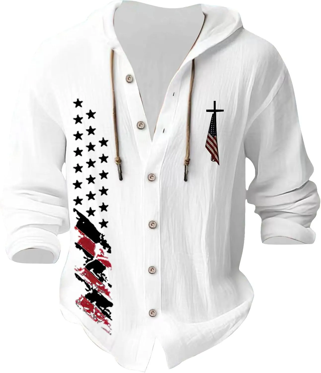 Mens Lightweight Button-Up Hoodie Casual Cotton Long Sleeve Sweatshirts American Independence Day Beach Tops with Hood