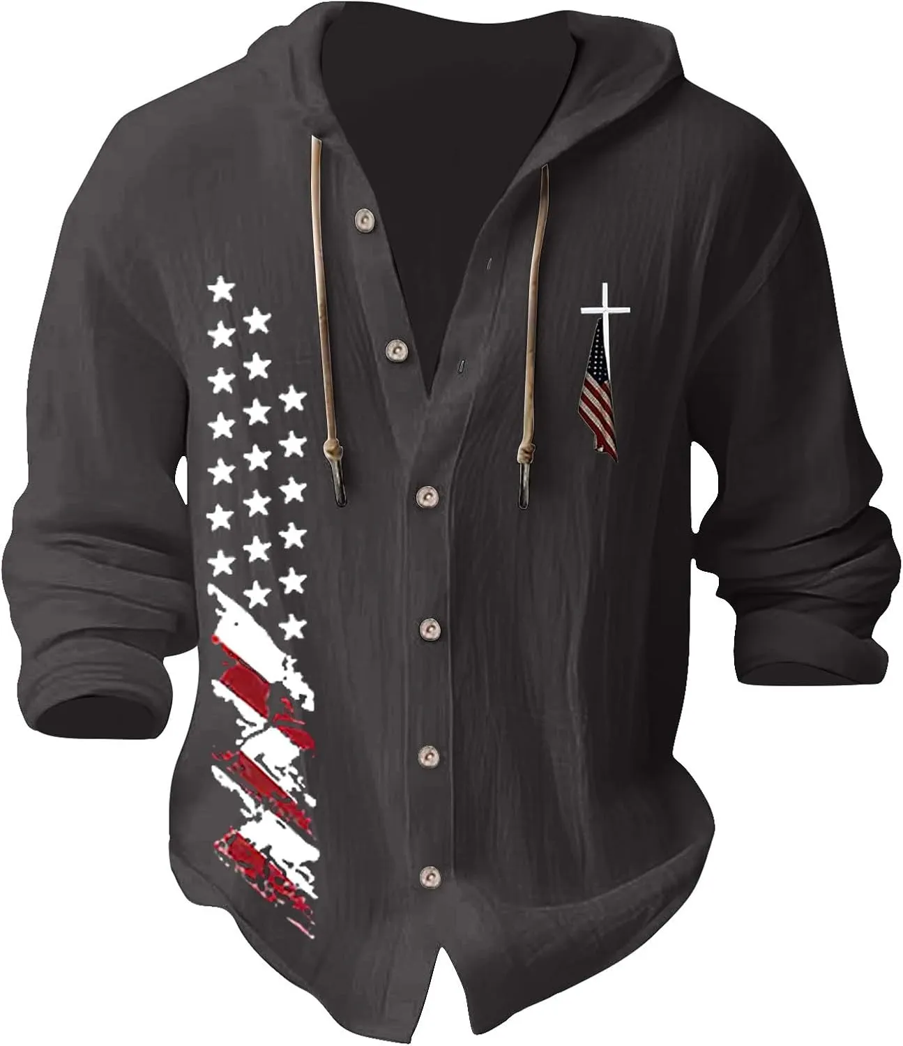 Mens Lightweight Button-Up Hoodie Casual Cotton Long Sleeve Sweatshirts American Independence Day Beach Tops with Hood