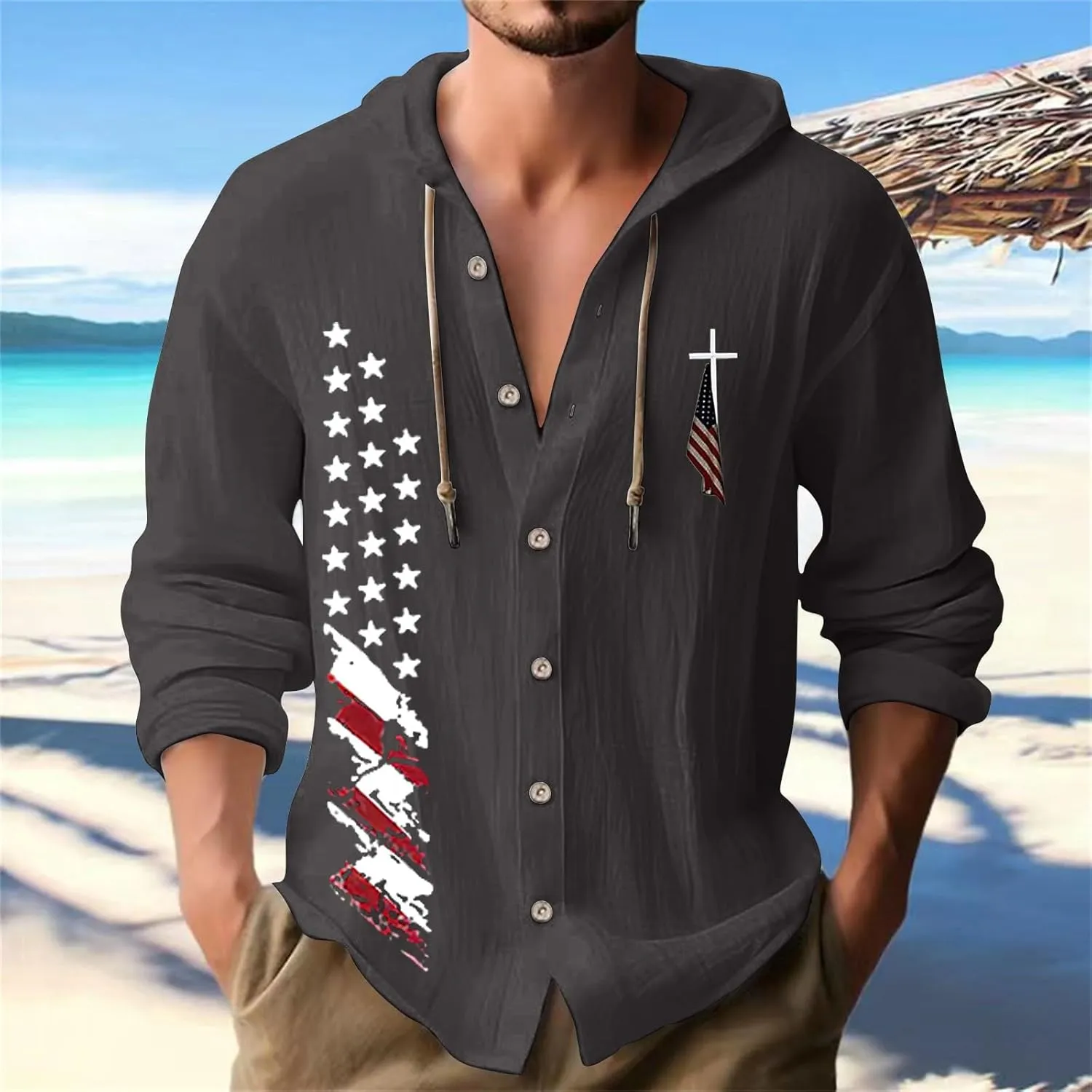 Mens Lightweight Button-Up Hoodie Casual Cotton Long Sleeve Sweatshirts American Independence Day Beach Tops with Hood