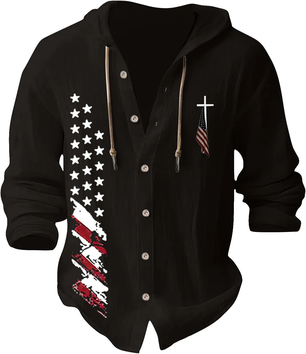 Mens Lightweight Button-Up Hoodie Casual Cotton Long Sleeve Sweatshirts American Independence Day Beach Tops with Hood