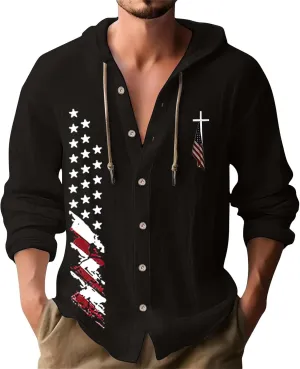 Mens Lightweight Button-Up Hoodie Casual Cotton Long Sleeve Sweatshirts American Independence Day Beach Tops with Hood