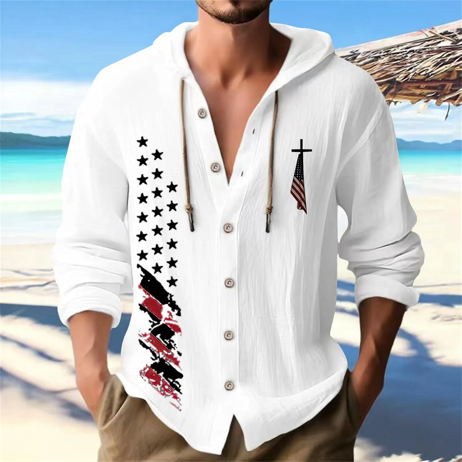 Mens Lightweight Button-Up Hoodie Casual Cotton Long Sleeve Sweatshirts American Independence Day Beach Tops with Hood