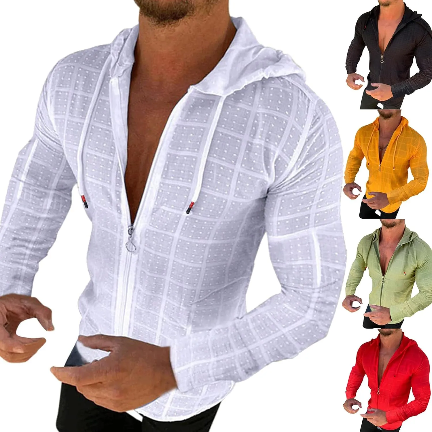 Mens Lightweight Summer Shirts Hooded Sweatshirts Zip Up Solid Spring Casual Long Sleeve Shirt Tops for Men