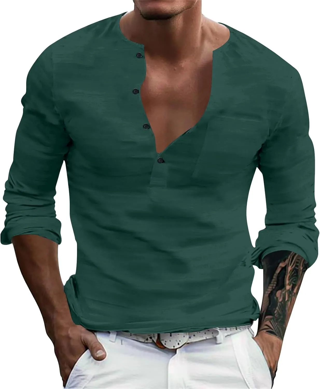 Mens Linen Shirts 3/4 Sleeve Casual V Neck Tropical Polo Shirt Lightweight Loose Tropical Hawaiian Beach Beach Top