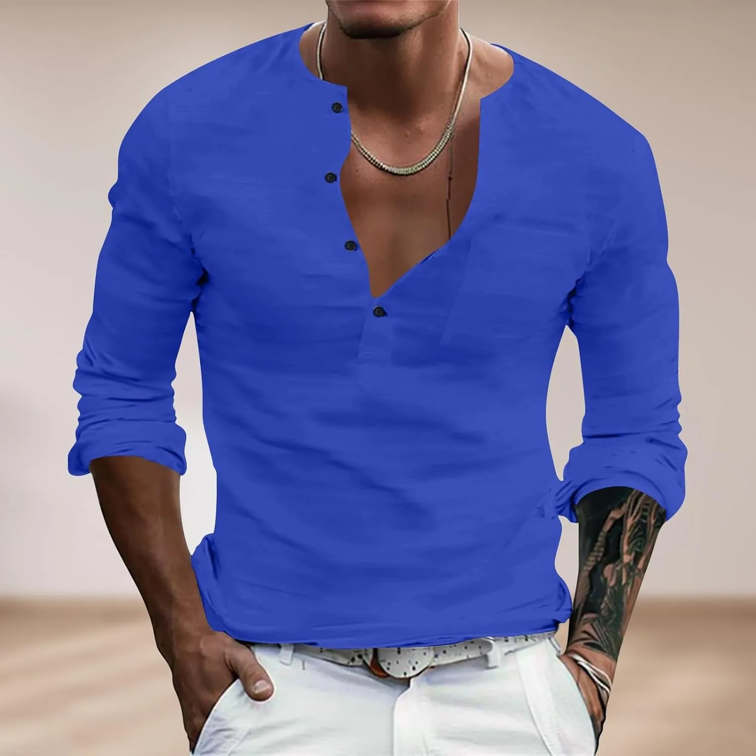 Mens Linen Shirts 3/4 Sleeve Casual V Neck Tropical Polo Shirt Lightweight Loose Tropical Hawaiian Beach Beach Top