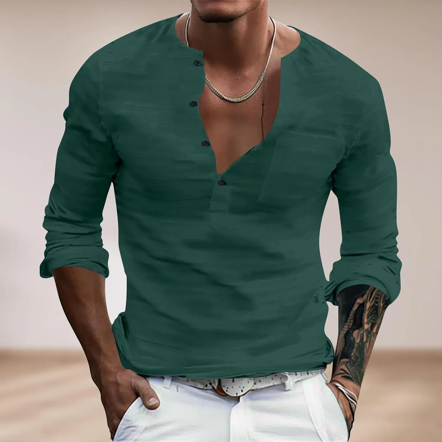 Mens Linen Shirts 3/4 Sleeve Casual V Neck Tropical Polo Shirt Lightweight Loose Tropical Hawaiian Beach Beach Top