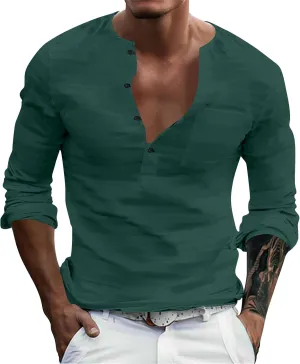 Mens Linen Shirts 3/4 Sleeve Casual V Neck Tropical Polo Shirt Lightweight Loose Tropical Hawaiian Beach Beach Top