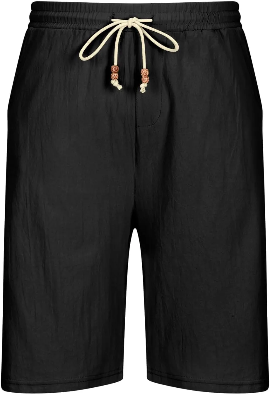 Men's Linen Shorts 11 Inch Inseam Flat Front Shorts with Pockets Lightweight Drawstring Elastic Waist Shorts Summer Shorts