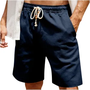 Men's Linen Shorts 11 Inch Inseam Flat Front Shorts with Pockets Lightweight Drawstring Elastic Waist Shorts Summer Shorts