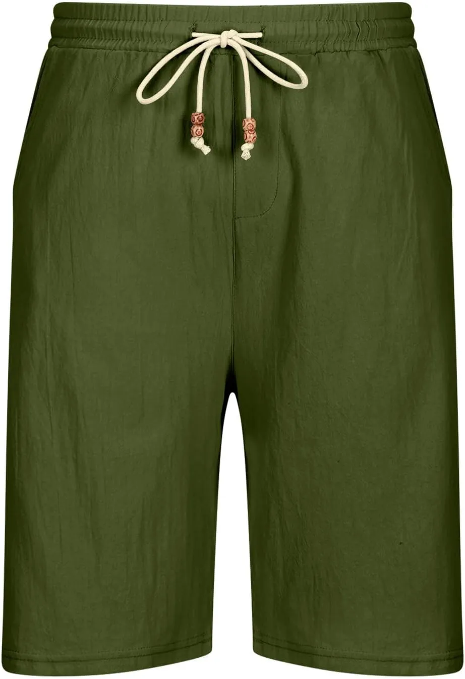 Men's Linen Shorts 11 Inch Inseam Flat Front Shorts with Pockets Lightweight Drawstring Elastic Waist Shorts Summer Shorts