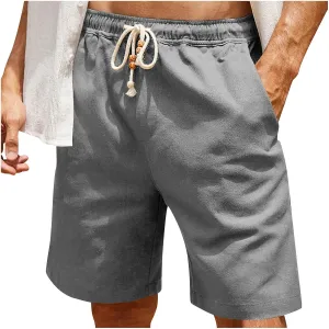Men's Linen Shorts 11 Inch Inseam Flat Front Shorts with Pockets Lightweight Drawstring Elastic Waist Shorts Summer Shorts
