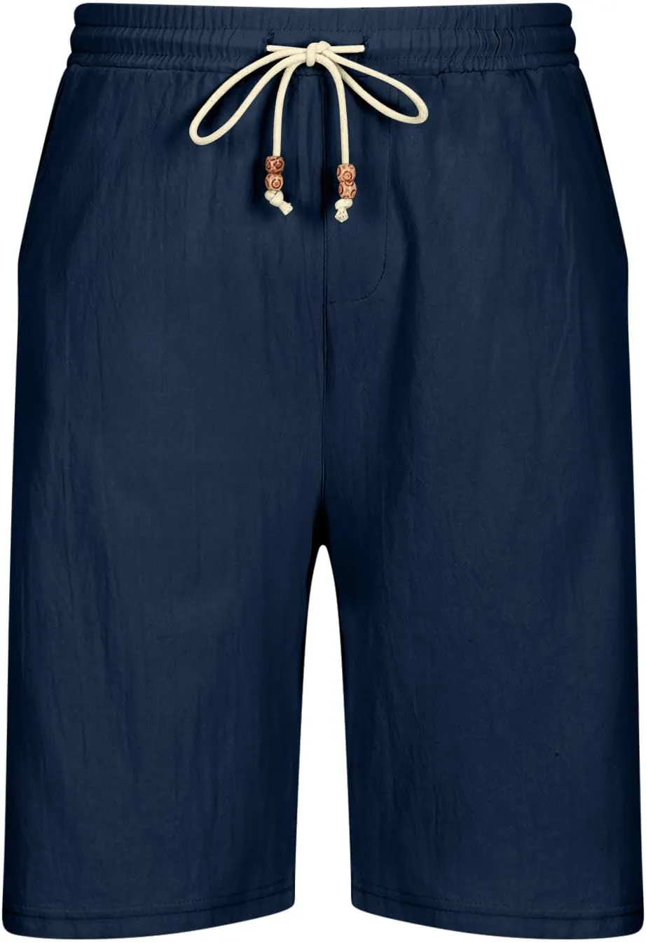 Men's Linen Shorts 11 Inch Inseam Flat Front Shorts with Pockets Lightweight Drawstring Elastic Waist Shorts Summer Shorts