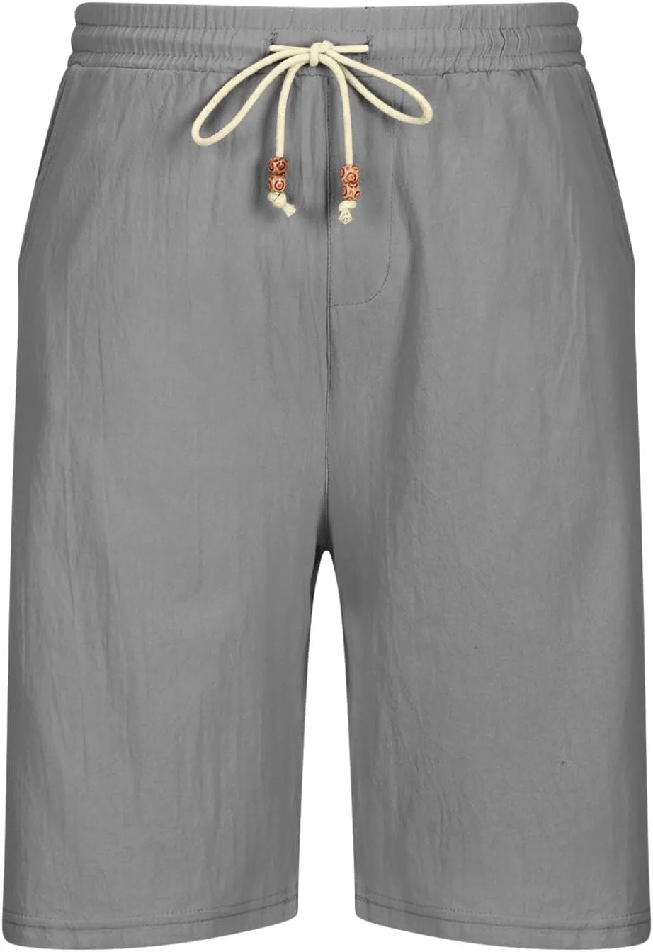 Men's Linen Shorts 11 Inch Inseam Flat Front Shorts with Pockets Lightweight Drawstring Elastic Waist Shorts Summer Shorts