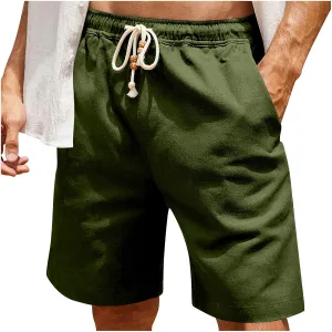 Men's Linen Shorts 11 Inch Inseam Flat Front Shorts with Pockets Lightweight Drawstring Elastic Waist Shorts Summer Shorts