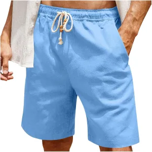 Men's Linen Shorts 11 Inch Inseam Flat Front Shorts with Pockets Lightweight Drawstring Elastic Waist Shorts Summer Shorts