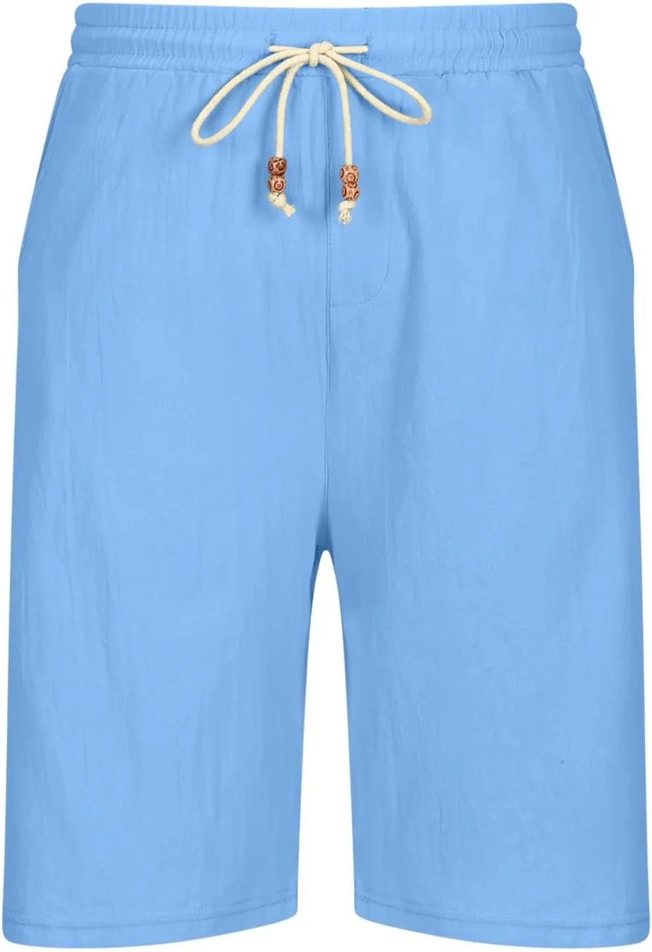 Men's Linen Shorts 11 Inch Inseam Flat Front Shorts with Pockets Lightweight Drawstring Elastic Waist Shorts Summer Shorts