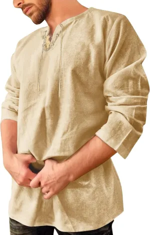 Men's Medieval Gothic Renaissance Shirts, Long Sleeve Loose Mercenary Costume, Solid Color Stand Collar Drawstring Shirt