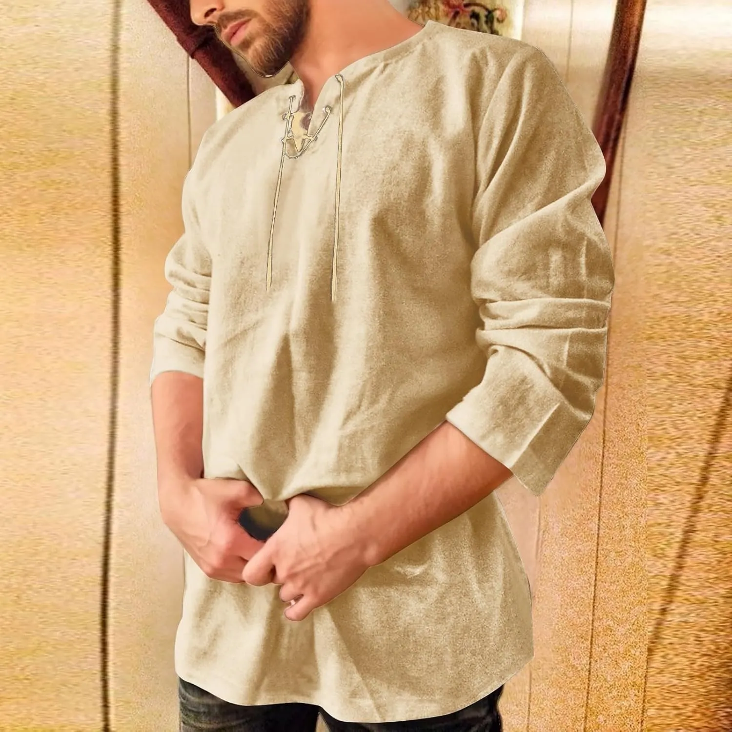 Men's Medieval Gothic Renaissance Shirts, Long Sleeve Loose Mercenary Costume, Solid Color Stand Collar Drawstring Shirt