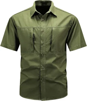 Mens Military Tactical Uniform Shirts Ripstop Lightweight Breathable Loose Fit Work Shirt Button Hiking Fishing Shirt
