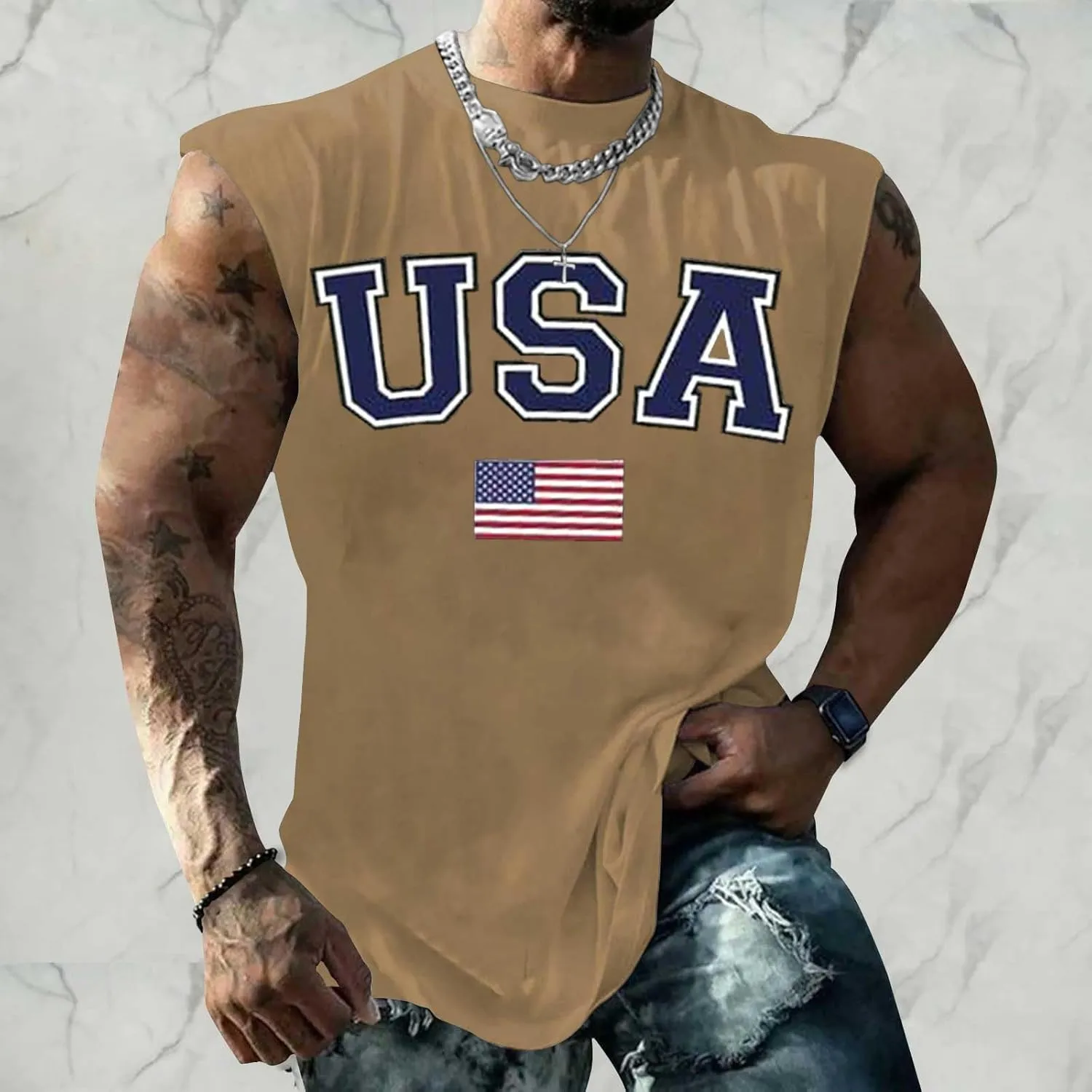Men's Muscle Tank Tops Independence Day USA Patriotic 4th of July Muscle T-Shirts Lightweight Loose Sleeveless Shirts