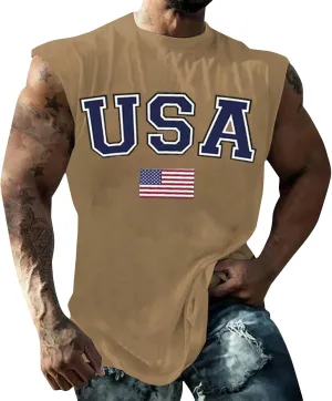Men's Muscle Tank Tops Independence Day USA Patriotic 4th of July Muscle T-Shirts Lightweight Loose Sleeveless Shirts