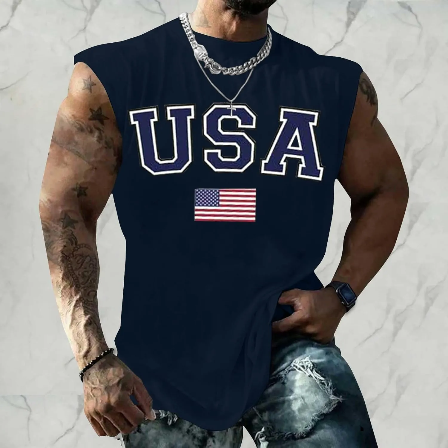 Men's Muscle Tank Tops Independence Day USA Patriotic 4th of July Muscle T-Shirts Lightweight Loose Sleeveless Shirts