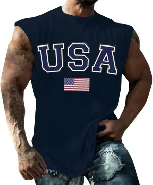 Men's Muscle Tank Tops Independence Day USA Patriotic 4th of July Muscle T-Shirts Lightweight Loose Sleeveless Shirts