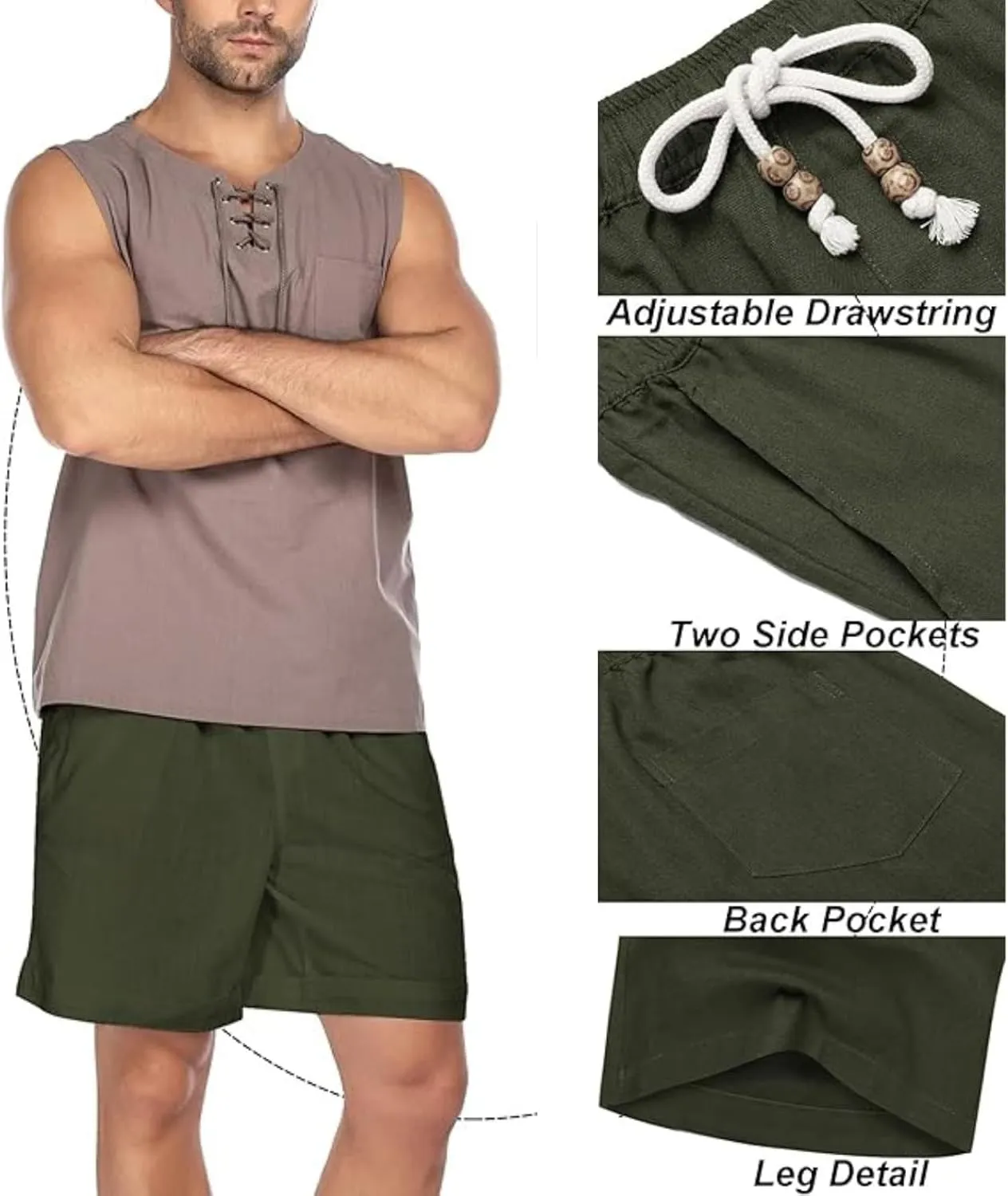 Men's Pants Cotton Linen Shorts Drawstring Elastic Waist Shorts with Pockets Casual Baggy Classic Fit Lounge Shorts