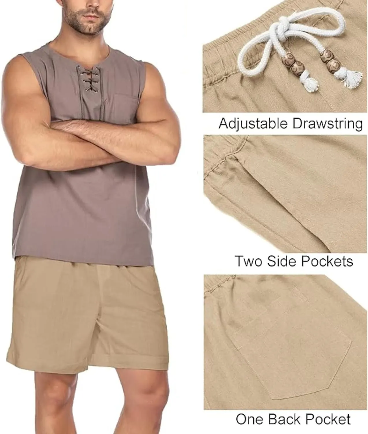 Men's Pants Cotton Linen Shorts Drawstring Elastic Waist Shorts with Pockets Casual Baggy Classic Fit Lounge Shorts