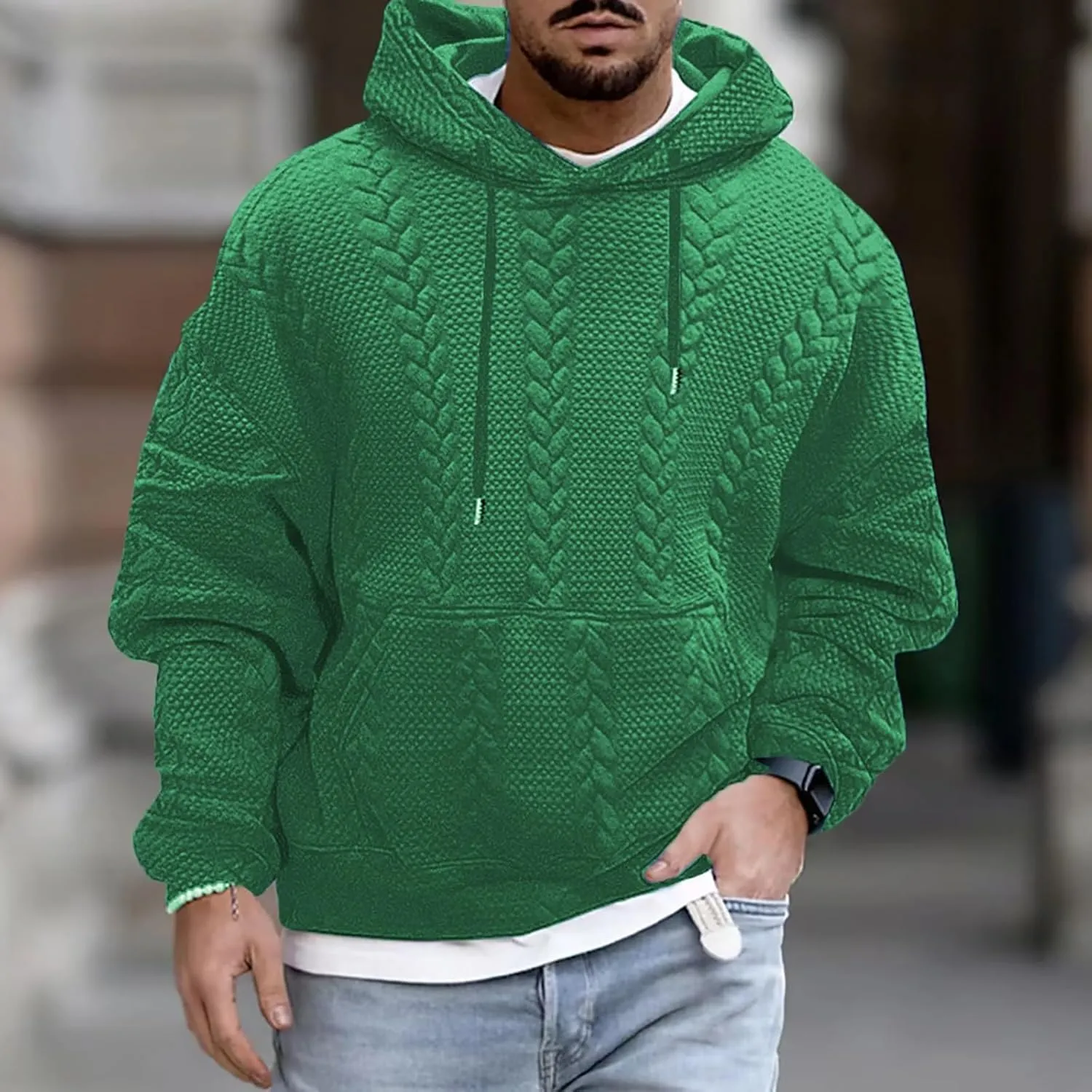 Mens Relaxed Fit Knitted Hoodie Hipster Casual Long Sleeve Solid Color Pullover Sweater Lightweight Hooded Sweatshirt