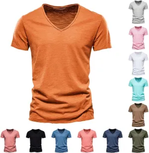 Mens Resort Wear 2025 Short Sleeve T Shirt Trendy V Neck Summer Tee Tops Casual Solid Color Classic T-Shirts