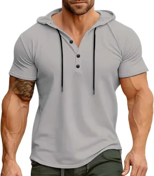 Men's Short Sleeve Hoodie Workout Gym Sweatshirt Stylish V Neck Muscle Athletic Tops Lightweight Sweatshirt Pullover