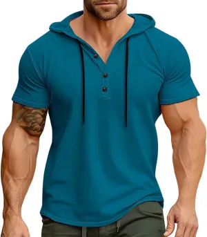 Men's Short Sleeve Hoodie Workout Gym Sweatshirt Stylish V Neck Muscle Athletic Tops Lightweight Sweatshirt Pullover