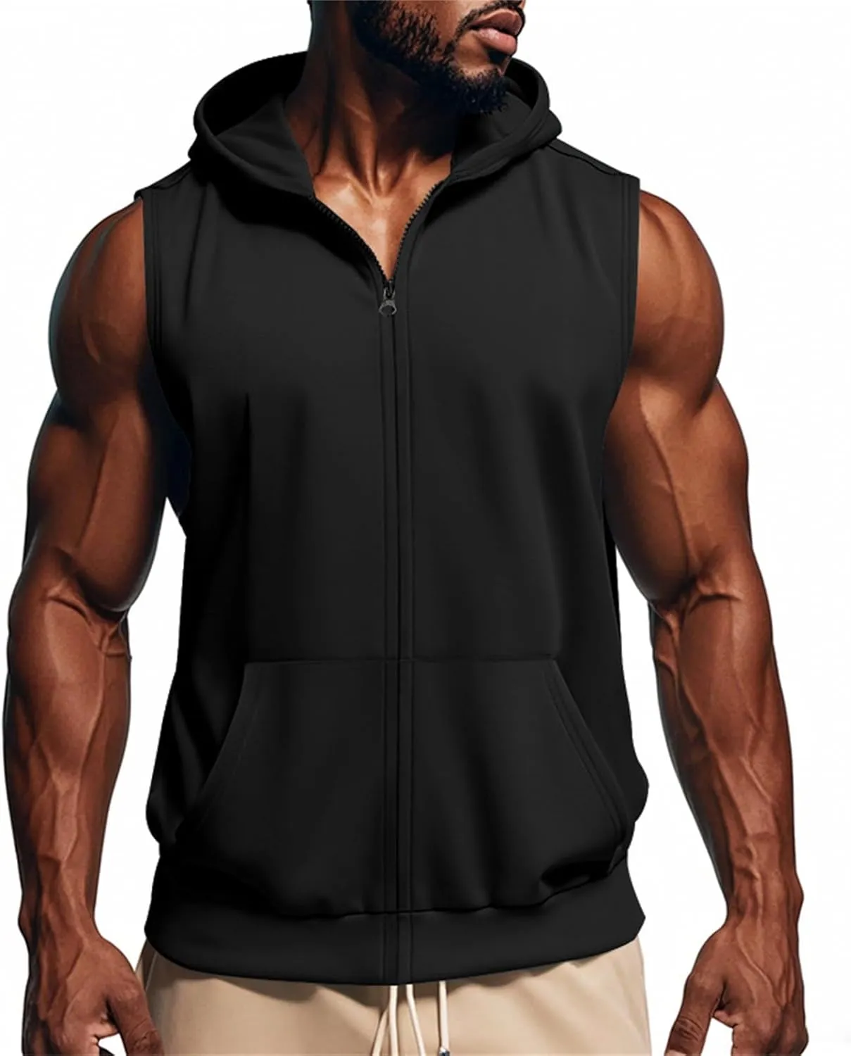 Men's Sleeveless Hooded Tank Tops Athletic Gym Workout Full Zip Vest Shirts Lightweight Dry fit Muscle Cut Off T-Shirt