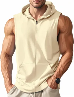 Men's Sleeveless Hooded Tank Tops Athletic Gym Workout Full Zip Vest Shirts Lightweight Dry fit Muscle Cut Off T-Shirt