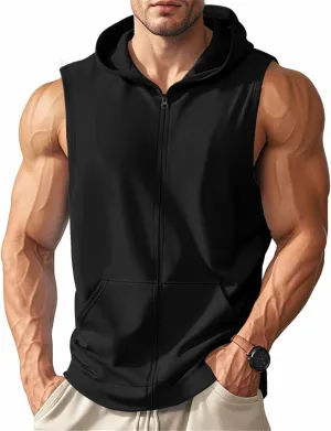 Men's Sleeveless Hooded Tank Tops Athletic Gym Workout Full Zip Vest Shirts Lightweight Dry fit Muscle Cut Off T-Shirt
