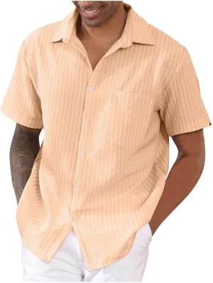 Mens Summer Short Sleeve Beach Shirt Button Down Cardigan Light Weight Casual Vacation Tops Striped Hawaiian Shirt