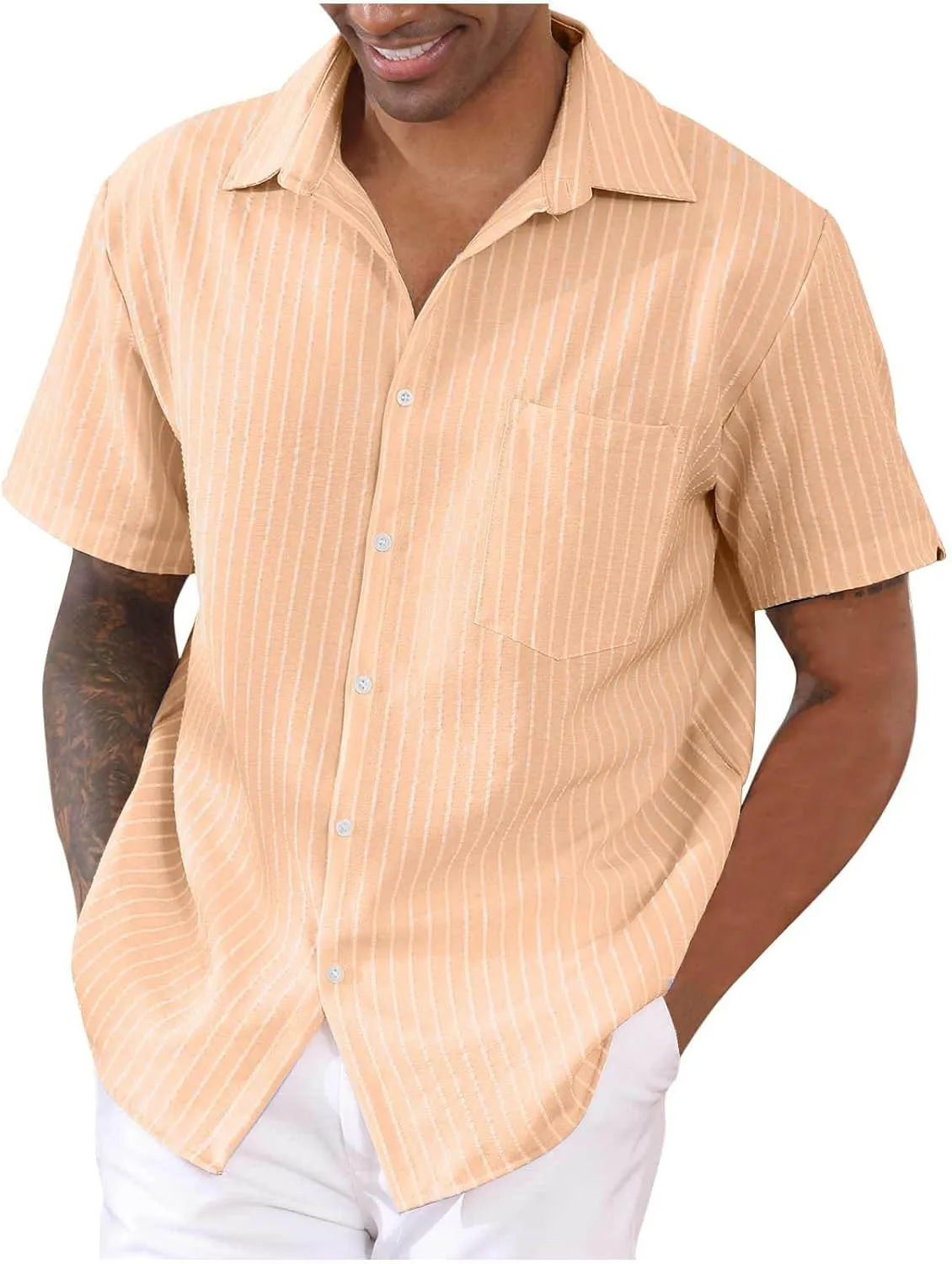 Mens Summer Short Sleeve Beach Shirt Button Down Cardigan Light Weight Casual Vacation Tops Striped Hawaiian Shirt