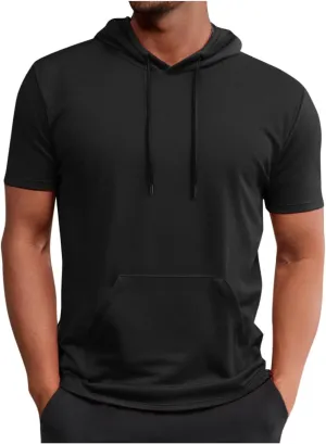 Mens Sweatwear Workout Athletic Draswsting Short Sleeve Hoodies Classic Lightweight Stretch Kangaroo Pocket T Shirt