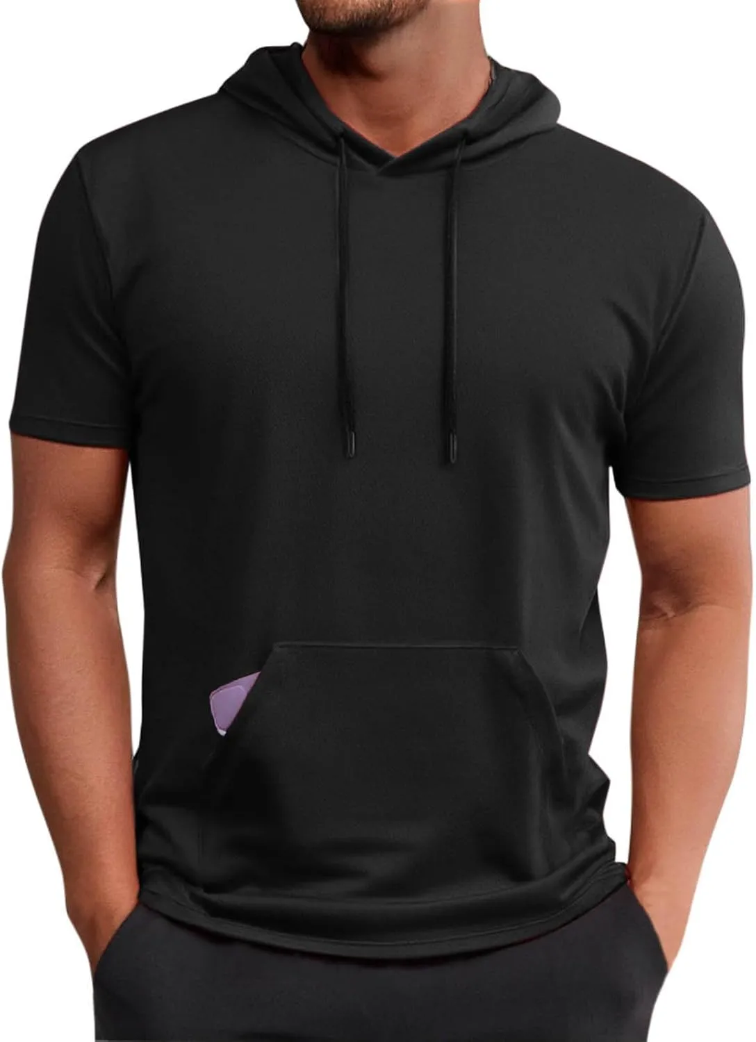 Mens Sweatwear Workout Athletic Draswsting Short Sleeve Hoodies Classic Lightweight Stretch Kangaroo Pocket T Shirt