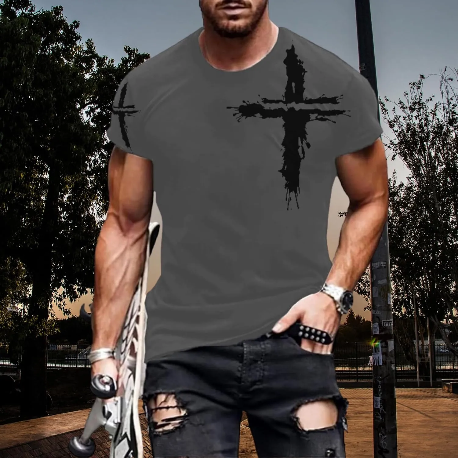 Mens T-Shirts Jesus Cross Faith Vintage Oil Painting Casual Short Sleeve T-Shirts Summer Crew Neck Christian Tops