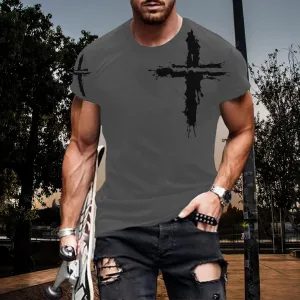 Mens T-Shirts Jesus Cross Faith Vintage Oil Painting Casual Short Sleeve T-Shirts Summer Crew Neck Christian Tops